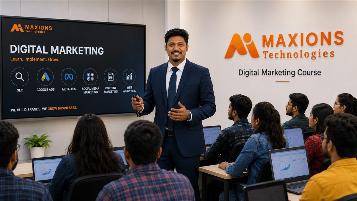 Trainer teaching digital marketing tools to students on a classroom screen at Maxions Technologies