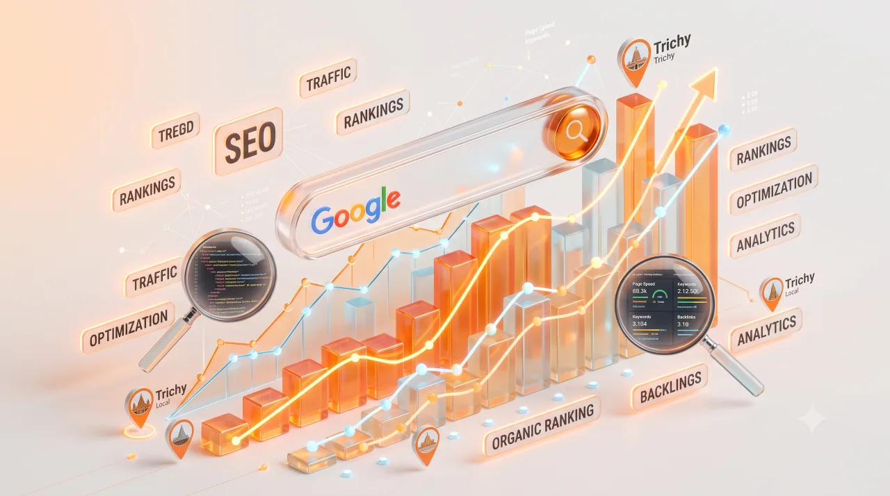 SEO rankings dashboard showing Google search visibility and Trichy local search growth