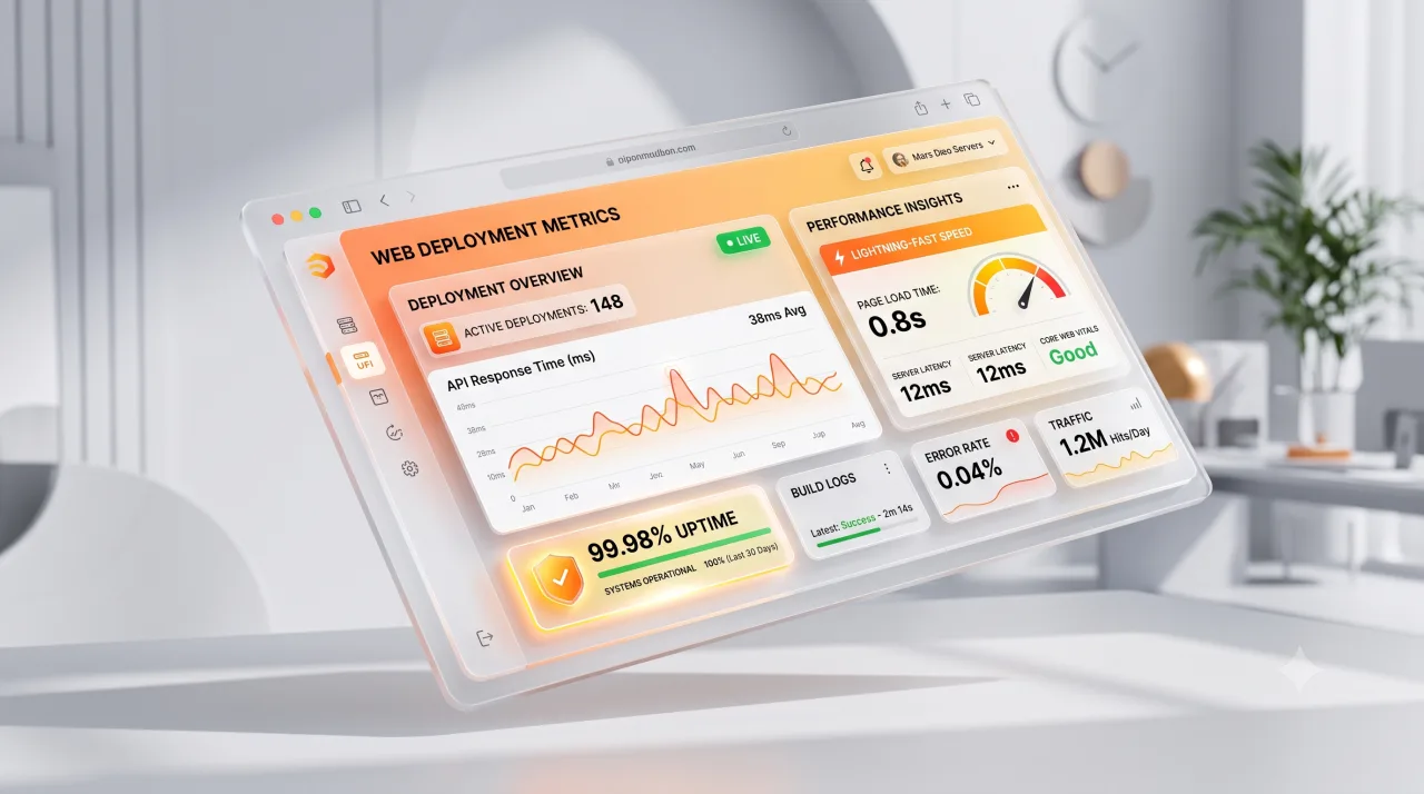 Website performance dashboard showing fast page load time and good Core Web Vitals