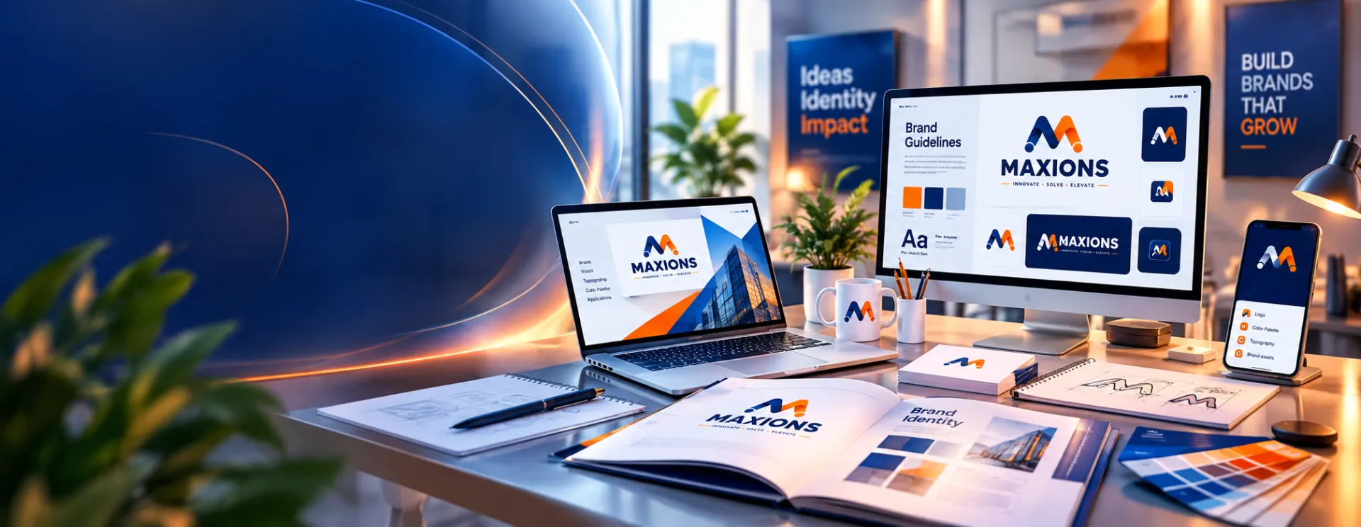 Desk with Maxions brand guidelines, logo system and colour palette on screen and print