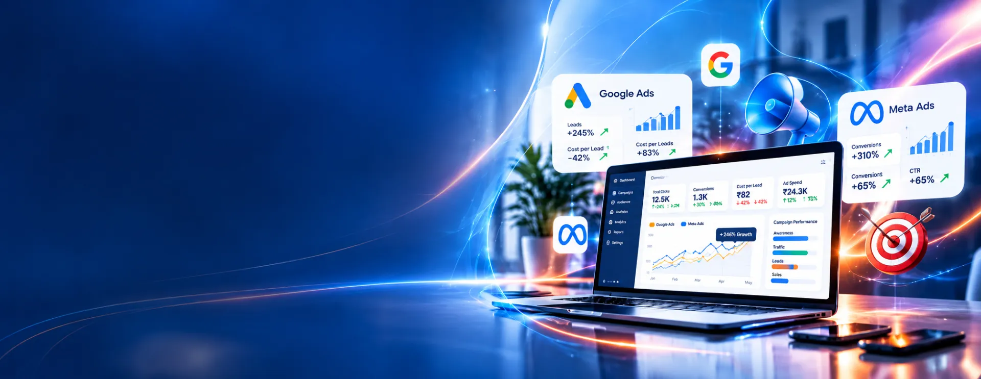 Laptop dashboard showing Google Ads and Meta Ads campaign performance metrics