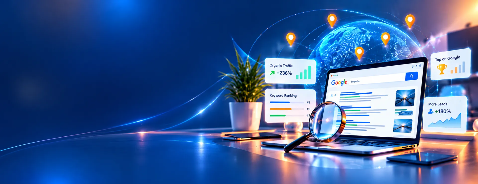 Laptop showing Google search results with SEO ranking and organic traffic growth cards