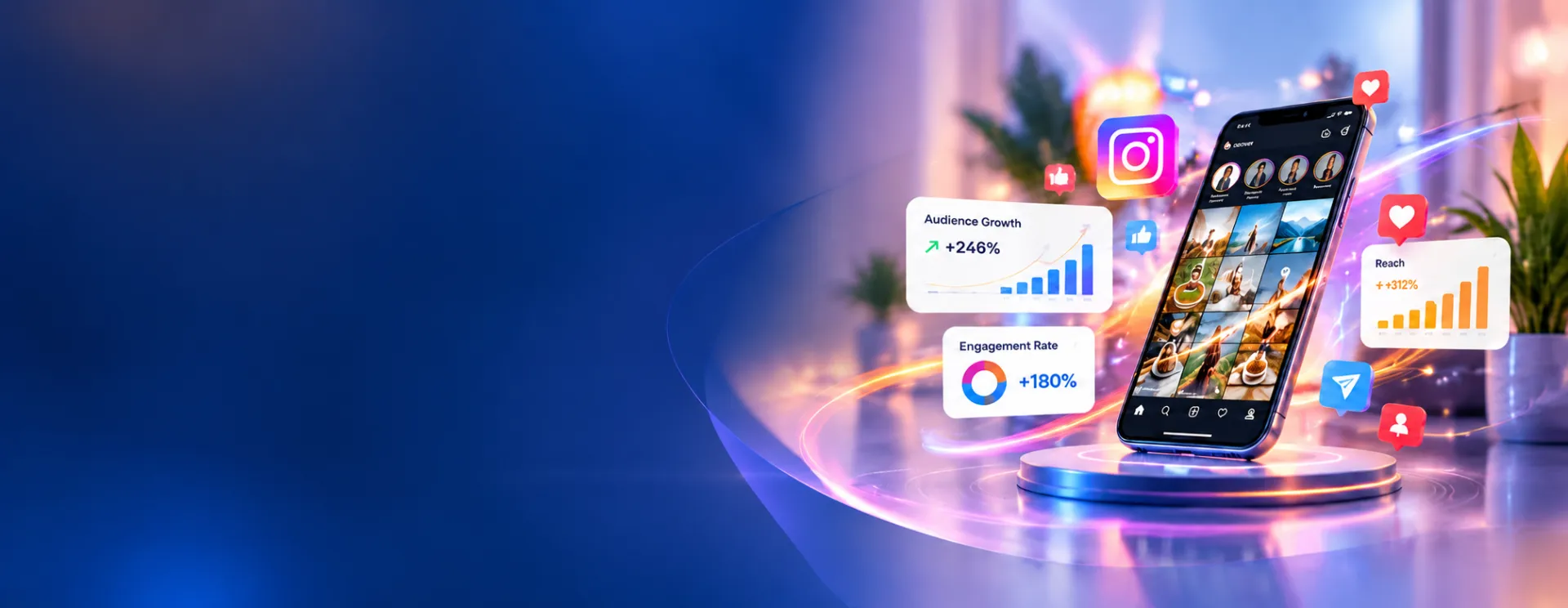 Phone showing an Instagram feed with audience growth and engagement rate cards