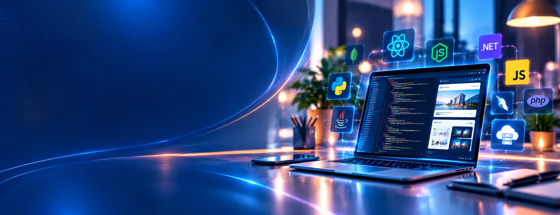 Laptop with code editor surrounded by programming language and framework icons