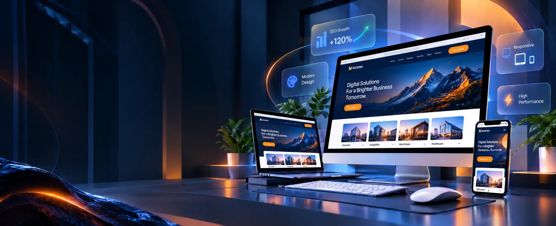 Maxions website design shown across desktop, laptop and mobile screens